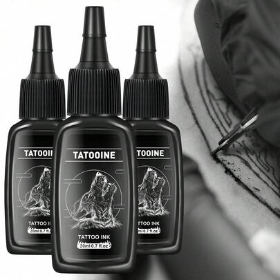 3 pièces Kit d'encre de tatouage noire 0,7 fl. Oz 20 ml/bouteille. Kit d'encre de tatouage noire pour fournitures de tatouage, encre de tatouage noire pour artistes et passionnés de tatouage corporel