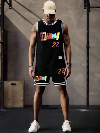 (Two Pieces Set) Men's Set Summer Style Skin Friendly Fashionable Versatile Comfortable Sports Basketball Suit Personalized Printed Sleeveless Vest, Basketball Jersey & Shorts