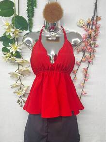 T066 Ruffle Trim Tied Backless Halter Top - 紅色 - 查看 4