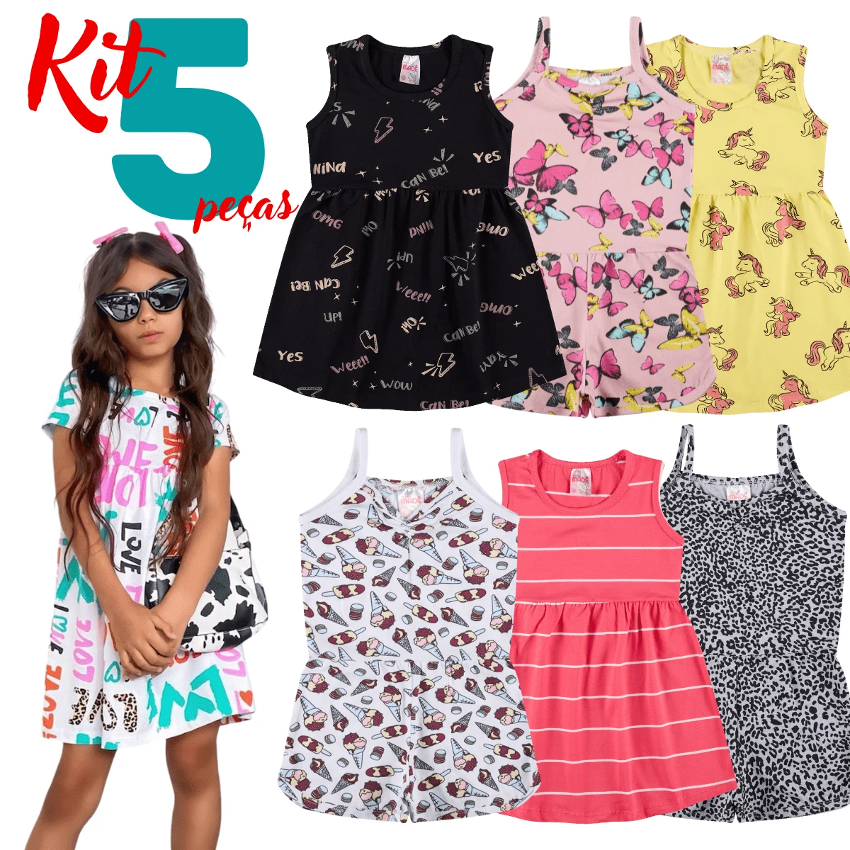Vestido Infantil De Cotton ou Macaquinho Kit 5 Peças Sortidas