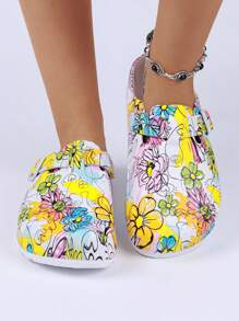 Women's Adjustable Printed Slippers, Indoor Home Casual Slip-On Shower Shoes With EVA Soft Sole, Protective Closed Toe