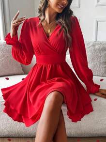 Women V-Neck Long Sleeve Solid Color Casual Short Dress