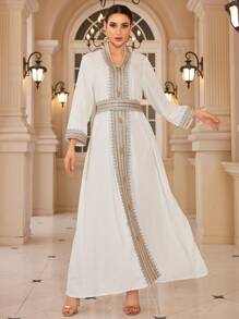 女士长袖蝴蝶结宽松派对鸡尾酒会连衣裙 - 白色 - 查看 1