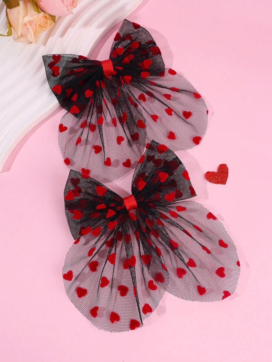 2pcs Kids Girls Valentine'S Day Heart Mesh Hair Bow Clips,Super Fairy