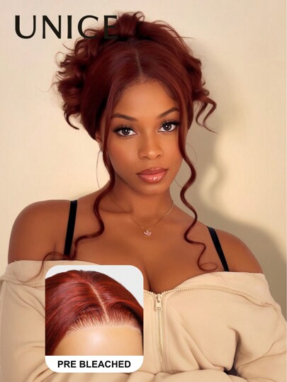 UNice Parrucche "Bye Bye Knots" castano rossastro, parrucca a onda di corpo a chiusura frontale in pizzo 7x5, con nodi invisibili pre-strappati, pre-tagliati, pre-sbiancati, pronte da indossare senza colla, Unice Hair