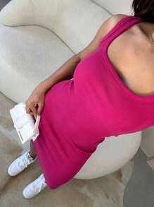 Casual Midi Ribbed Tank Dress In Premium 100% Cotton - 藕粉色 - 查看 3