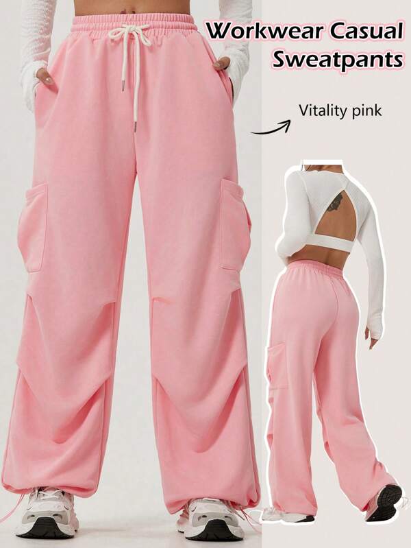 1 buc. Pantaloni de jogger în stil cargo pentru femei, pantaloni sport comozi, casual, cu buzunare multiple, cu tiv reglabil