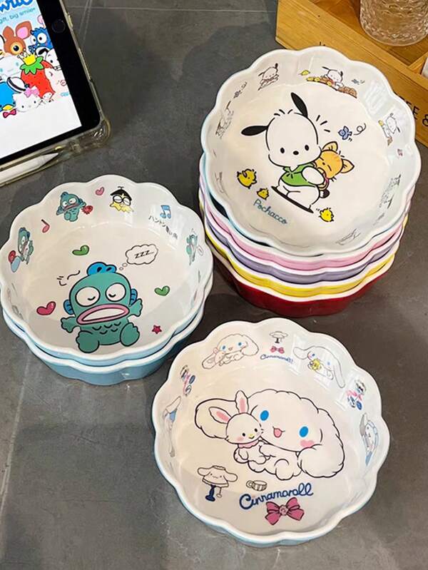Sanrio Conjunto de louças Sanrio Cartoon Tigelas de porcelana de imitação Tigelas de renda criativas fofas Conjunto de tigela e colher em formato antiqueda e anti-escaldante