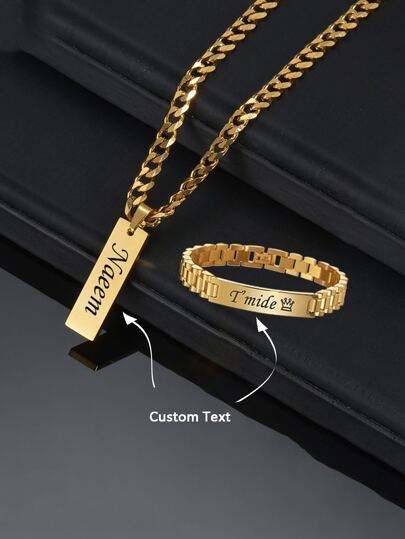 Custom Engraved Name Necklace Bracelet Boy Stainless Steel 10mm Tank Chain Bracelet Personalized Girl's Badge Pendant Custom Name Date Anniversary Set Jewelry Holiday Gifts For Family And Friends Colorful, Modern, Cute Kawaii Adorable Custom, Unique Treasurefinds, Baby Gifts, Cutebaby, Toddler Fashion Ideal Gifts For Him Family, Friends, Daughter, Son, Her For Children's Day,Multi-Functional,Ornamental,Letter,Stylish,Modern,Colorful,Cute,Adorable,Casual,Custom,Personalised,Unique,Customized,Ideal Gifts For Him,Ideal Gifts For Her,Customized Teen Fashion Jewelry,Chic Autumn,Back To School Fashion