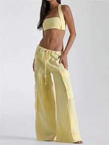 Women's Cargo Pants Solid Color Drawstring Wide Leg Trousers With Large Pockets Casual Streetwear - Yellow - View 1