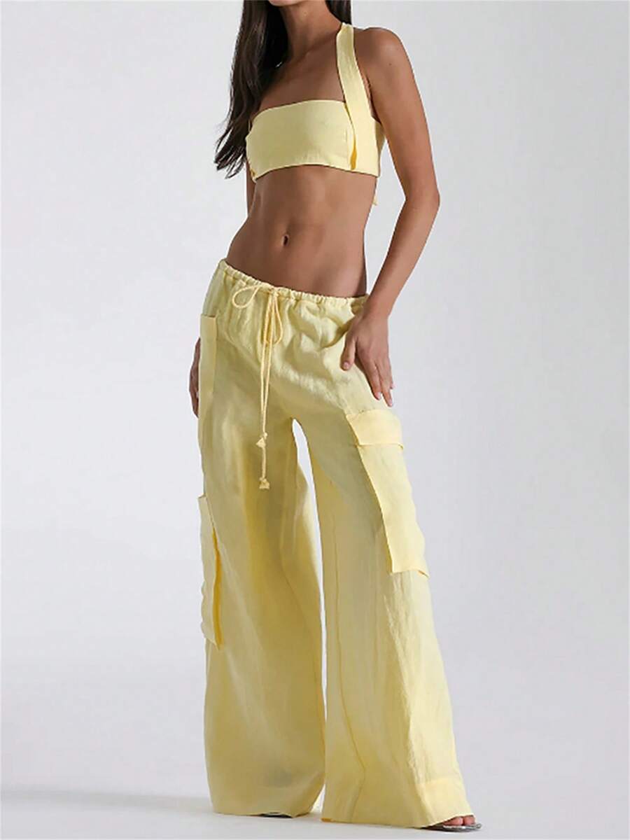 Women's Cargo Pants Solid Color Drawstring Wide Leg Trousers With Large Pockets Casual Streetwear - Yellow - View 1