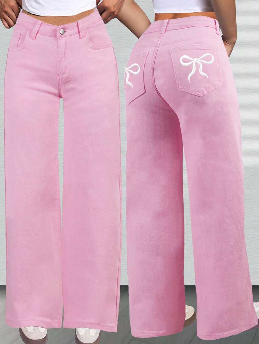 Tween Girls Loose Fit Butterfly Print Wide Leg Jeans - Pink - View 1