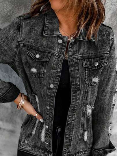 Chaqueta vaquera casual con botones y desgaste otoñal para mujeres