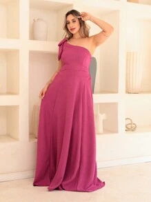 Victoria Long Luxury Dress Plain Duna Linen With Bow One Shoulder - Rose Red - View 2
