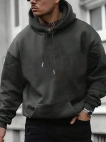 Sudadera con capucha casual de unicolor, manga larga, hombros caídos, cordón y bolsillo para hombres, otoño/invierno, vuelta al colegio