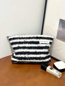 AGG,Black White Striped Plush Cosmetic Bag For Women, Large Capacity Portable Makeup Pouch, Soft Fluffy Travel Toiletry Storage Bag - Multicolor - View 2