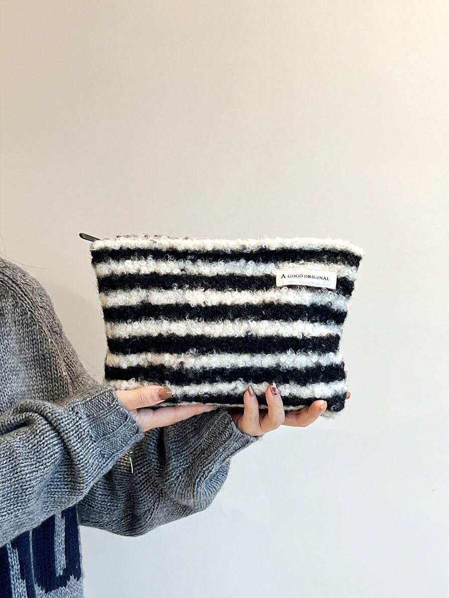 AGG,Black White Striped Plush Cosmetic Bag For Women, Large Capacity Portable Makeup Pouch, Soft Fluffy Travel Toiletry Storage Bag - Multicolor - View 1