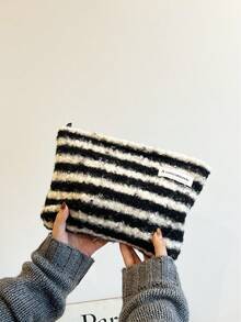 AGG,Black White Striped Plush Cosmetic Bag For Women, Large Capacity Portable Makeup Pouch, Soft Fluffy Travel Toiletry Storage Bag - Multicolor - View 7