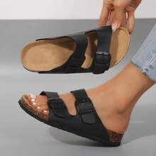 Adjustable Cork Slides For Women With Soft Footbed - Buckled Slip-On Sandals For Casual & Outdoor Wear - 黑色 - 查看 6