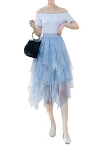 2025 Women's Sexy Solid Color Mesh Skirt, Irregular Elastic Tulle Bubble Skirt, Daily Life And Vacation - 藍色 - 查看 2