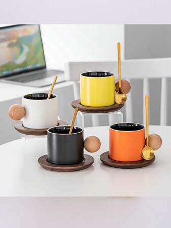 1 件咖啡杯套装陶瓷杯碟，大容量家用茶杯，优雅高端设计球形木柄马克杯，适合女士返校