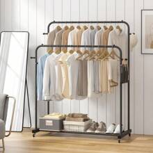 UDEAR Double Rods Garment Rack With Wheels, Clothing Rack For Hanging Clothes,4 Hooks, Multi-Functional Bedroom Clothes Rack, Black,Spring,Minimalist,Summer Tops