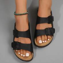 Adjustable Cork Slides For Women With Soft Footbed - Buckled Slip-On Sandals For Casual & Outdoor Wear - 黑色 - 查看 5