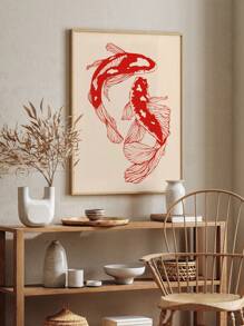 1 pieza Cuadro de arte de pared con carpa roja afortunada, pintura moderna, carteles de animales, imagen colgante, decoración estética mural de Año Nuevo, decoración de pared de restaurante sin marco