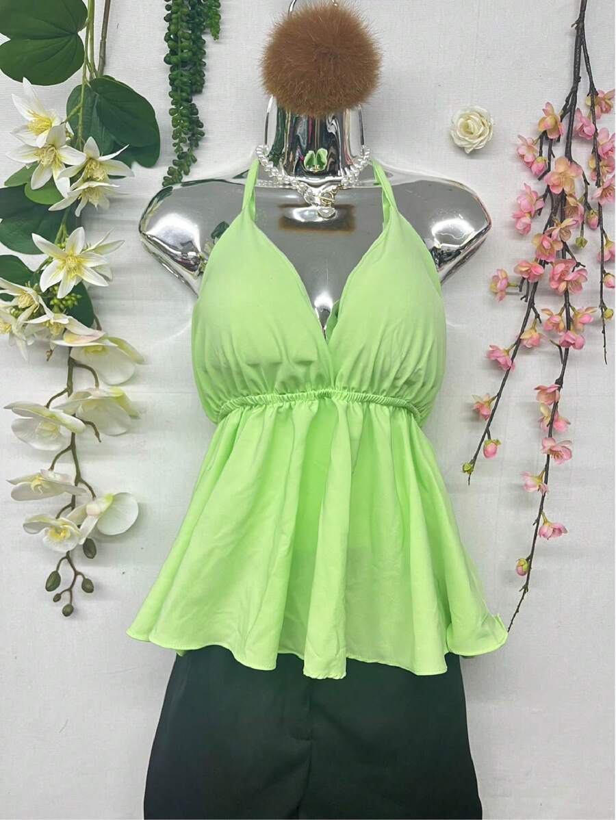 T066 Ruffle Trim Tied Backless Halter Top - 青檸色 - 查看 1