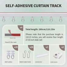 1 Set Of Self-Adhesive Ceiling And Wall Rail System For Curtains, No Need For Drilling, Screws Or Tools, Used For Curtain Rods In Windows, Bedrooms, Showers, Wardrobes And RVs - Easy To Install Curtain Rail With Curtain S-Hooks