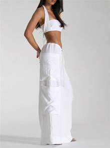 Women's Cargo Pants Cotton Linen Elastic Drawstring Wide Leg Trousers With Large Pockets Y2k Casual Streetwear - White - View 3