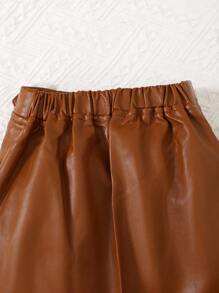 2 sztuki/zestaw Modny strój dla dziewczynki, prążkowany top na ramionach z kokardą i skórzana spódnica, wiosna/jesień