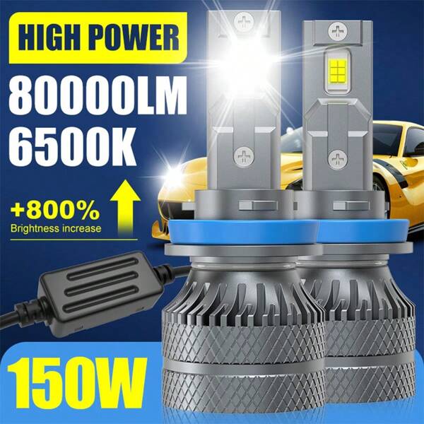 JINGMA 2pcs/Set LED Headlight Bulbs For H1 H3 H7 H11 9005 9006 9012 H4 80000LM, 150W, 6500K Cool White, High-Power CSP Chips, 1:1 Precise Light Shape, 1000% Brighter, Easy Installation