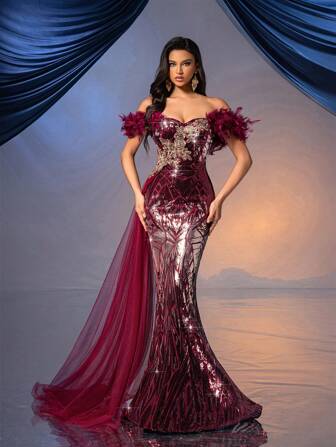 QOQ Noble Elegant Burgundy Floral Decoration One Shoulder Feather Women Gown Dresses,Party Dress,Formal,Evening,Wedding Guest