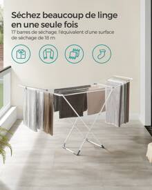 SONGMICS Étendoir à Linge, Séchoir Pliable, 50 x 182 x 102,5 cm, avec Barres, Support de Séchage sur Pieds, Utilisation Intérieure/Extérieure, Draps et Vêtements, Blanc - Blanc - Voir 3