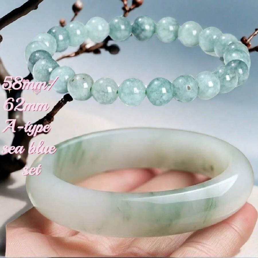 Bộ trang sức vòng tay & vòng tay bằng ngọc bích chỉ vàng dành cho phụ nữ, món quà may mắn, trang sức - biển xanh - Xem 1