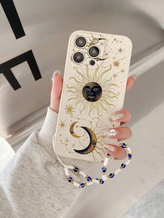 1 个白色 TPU 太阳和月亮图腾图案防震手机壳和 1 个白色眼带，适用于 Apple/配套手机壳/带挂绳的手机壳/腕带手机壳/趣味手机壳/Android 手机///OPPO/Galaxy A51 4G/Galaxy A52/A52s 5G/Galaxy S23 Ultra/Galaxy A13 4G/Galaxy A12/Galaxy S22 Ultra/OPPO A54 防水防摔防刮
