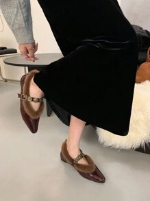 Stylish & Versatile Wine Red Mary Jane Flats With Fuzzy Lining, Warm Metal Buckle Pointed Toe Ballet Shoes For Women, Autumn/Winter 2024 New Arrival
