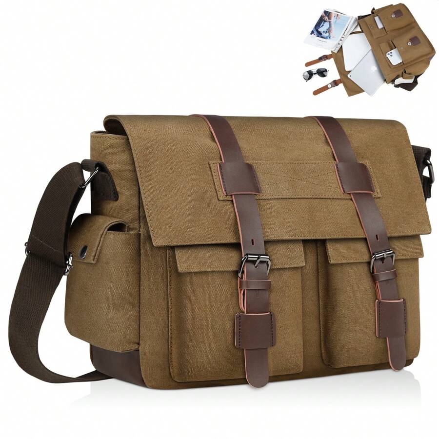 Men's Briefcase 15.6 Inch Waterproof, Men's Messenger Bag, Canvas Laptop Briefcase, Men's Executive Briefcase With Adjustable Shoulder Strap