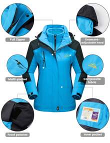 KEFITEVD 女式三合一冬季外套雪地滑雪夹克防水防风羊毛衬里冬季夹克派克大衣滑雪服 - 藍色 - 查看 6