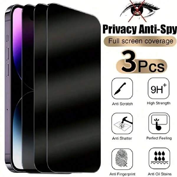 3Pcs Black Anti-Spy Privacy Tempered Glass Screen Protector Compatible With IPhone 6G/6S/6P/6SP/7G/7P/8G/8P/X/XS/XR/XS MAX/11/12/13/14 /15/16e/Pro/Plus/Mini/PRO MAX, Anti-Shock Anti-Dust Anti-Fingerprint Full Coverage High Quality Display Film Gift For Birthday, Family, Friends Phone Screen Protector, Phone Accessories