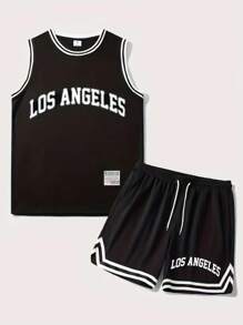 (Set de dos piezas) Conjunto deportivo de verano para hombres, con estilo de moda, amigable con la piel, versátil y cómodo para baloncesto, con parte superior de tirantes personalizada impresa y shorts