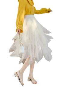2025 Women's Sexy Solid Color Mesh Skirt, Irregular Elastic Tulle Bubble Skirt, Daily Life And Vacation - 杏色 - 查看 2