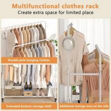 UDEAR Double Rods Garment Rack With Wheels, Clothing Rack For Hanging Clothes,4 Hooks, Multi-Functional Bedroom Clothes Rack, Black,Spring,Minimalist,Summer Tops