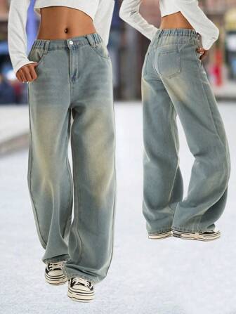 Vintage distressed tvättade denim jeans för tonårsflickor, lösa raka ben Casual byxor