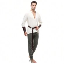 Men's Pirate Renaissance Style Clothing, Shirt And Pants Set,Including Belts And Bracers  ,Medieval Viking Gothic Celtic Pirate Suit For Men - 墨綠色 - 查看 5