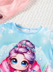 2pcs Girls Casual Cute Shell & Mermaid Tail Print Soft, Comfortable Knit Short Sleeve T-Shirt And Flare Pants Set, Spring/Summer - Blue - View 3
