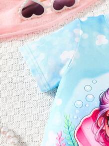 2pcs Girls Casual Cute Shell & Mermaid Tail Print Soft, Comfortable Knit Short Sleeve T-Shirt And Flare Pants Set, Spring/Summer - Blue - View 5