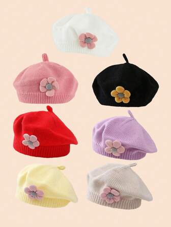 1 Piece Cute 0-6 Years Old Baby Boys And Girls Children Beret Flower Solid Color Fall And Winter Season Warm Children's Hat Suitable For Boys Girls Fall And Winter Season Daily Wear