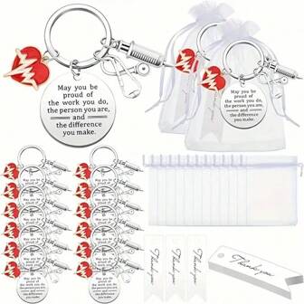 36 stuks/12 sets cadeaus voor verpleegkundigen, met 12 sleutelhangers, 12 organzazakjes en 12 bedankkaartjes, ideaal als cadeau ter waardering van verpleegkundigen.